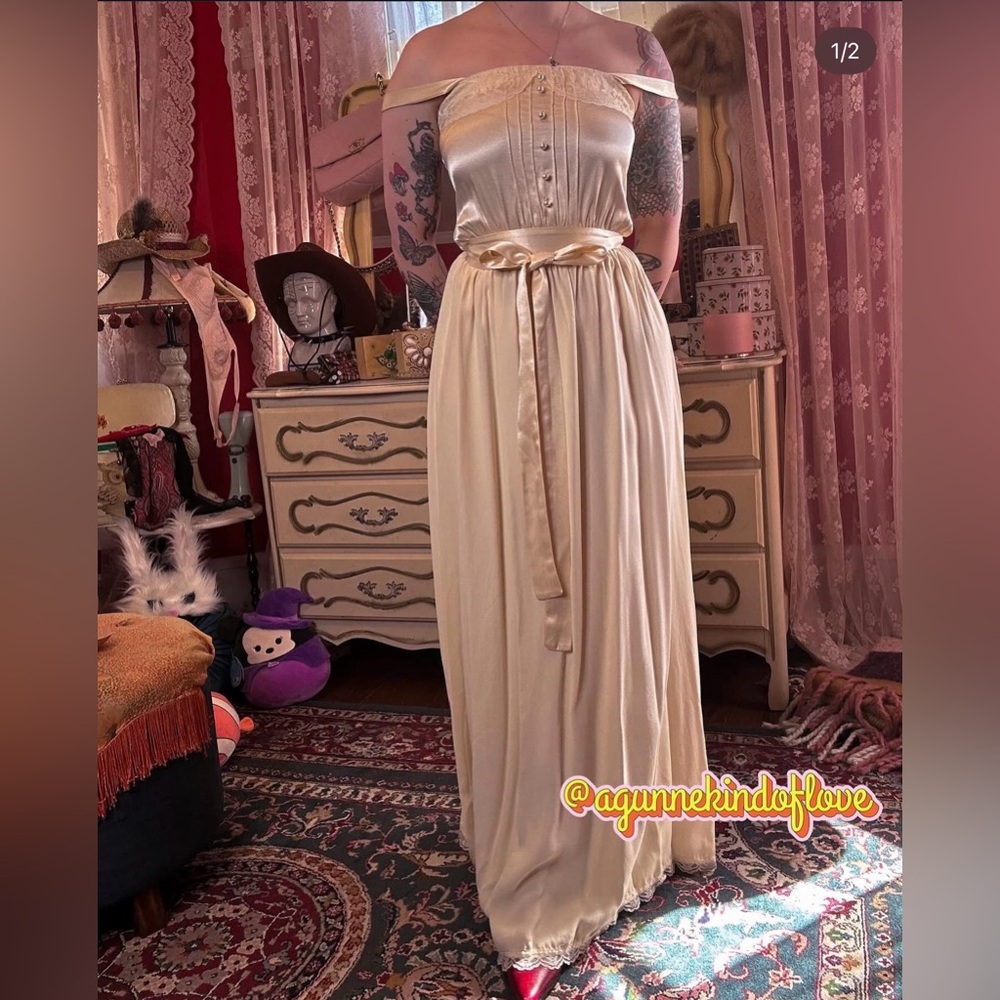 Gunne Sax Cream Satin Maxi Dress with Waist Tie
